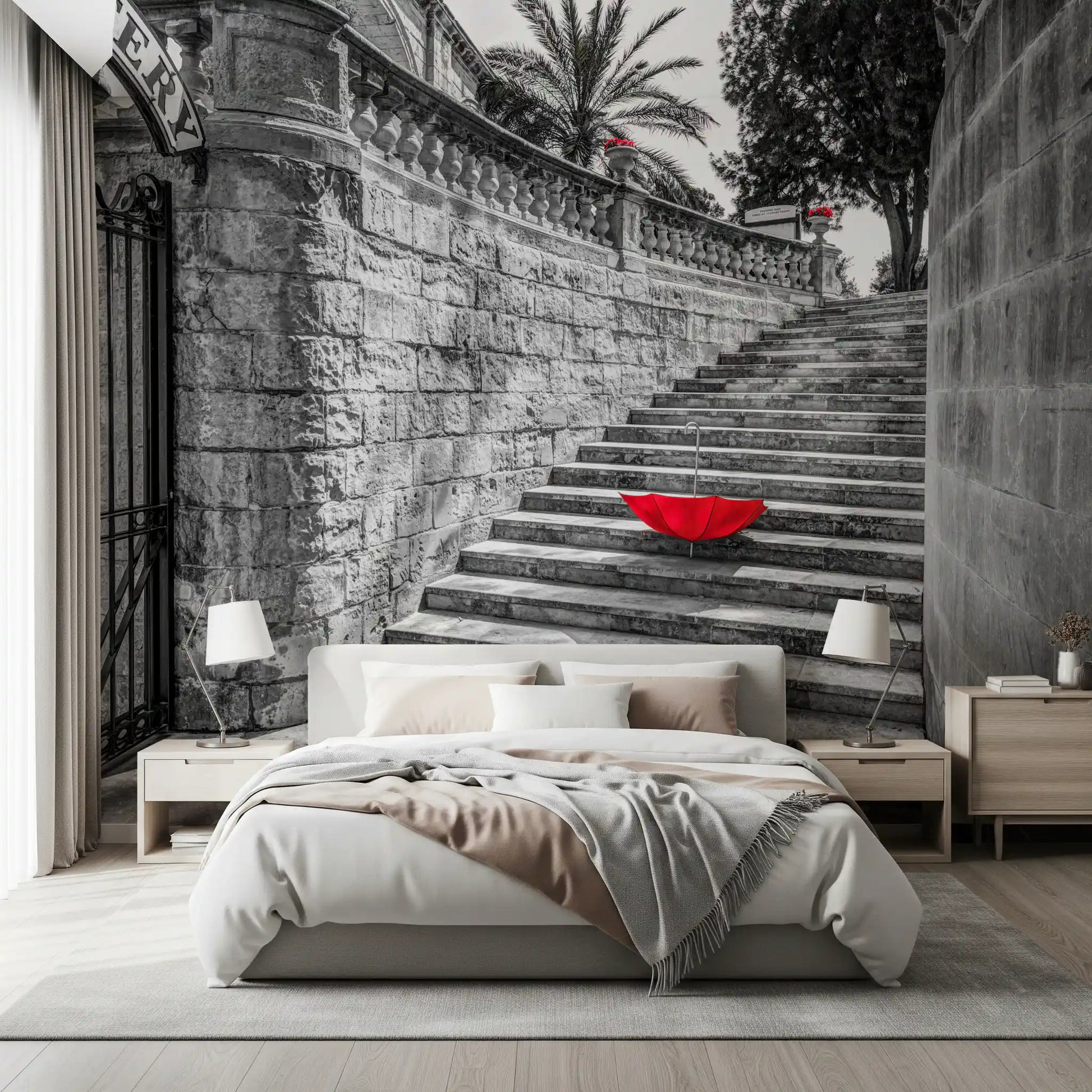 Monochromatic Staircase with Red Accents Wall Mural