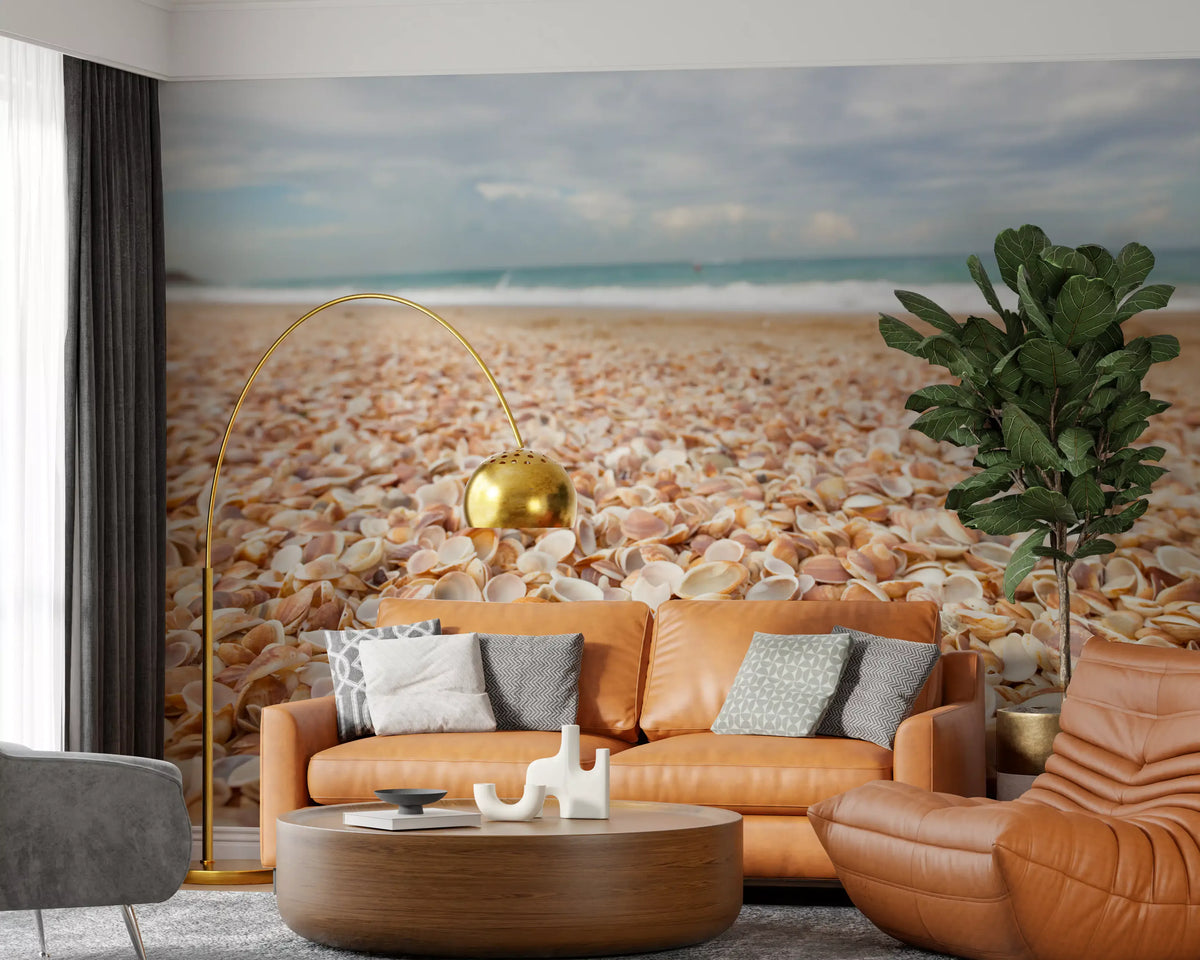 Beach seashell mural shown up close with sandy shells and the sea GD12799