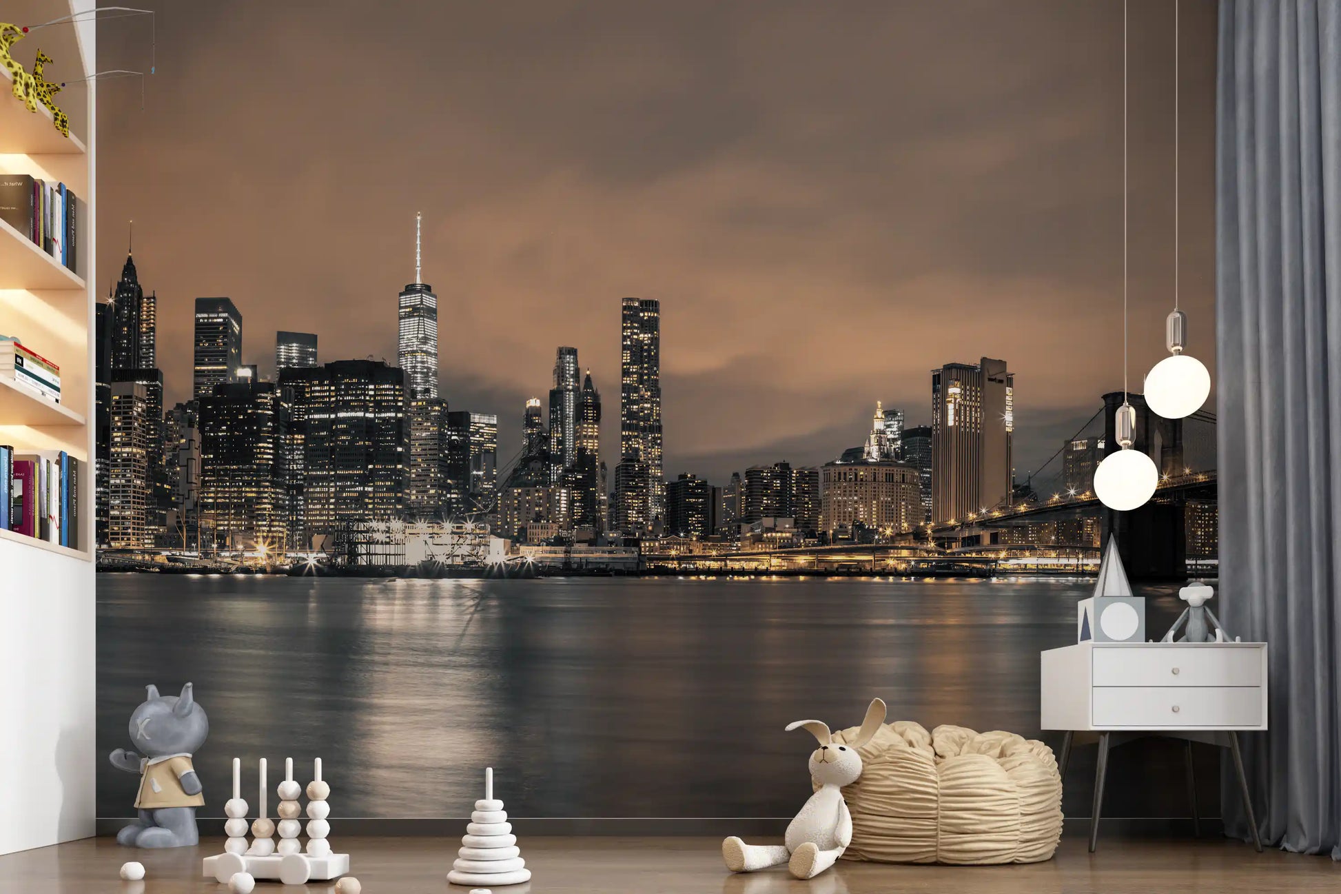 East River Night Cityscape Wall Mural
