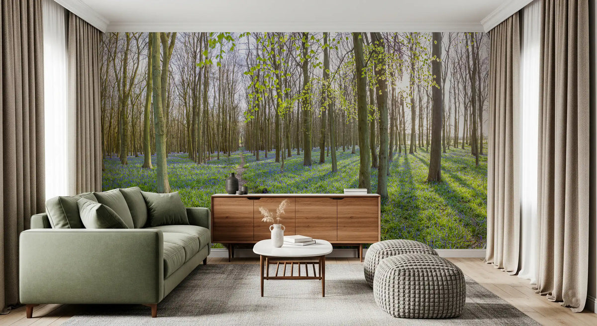 Spring forest mural on a living room wall behind a green sofa GD12801