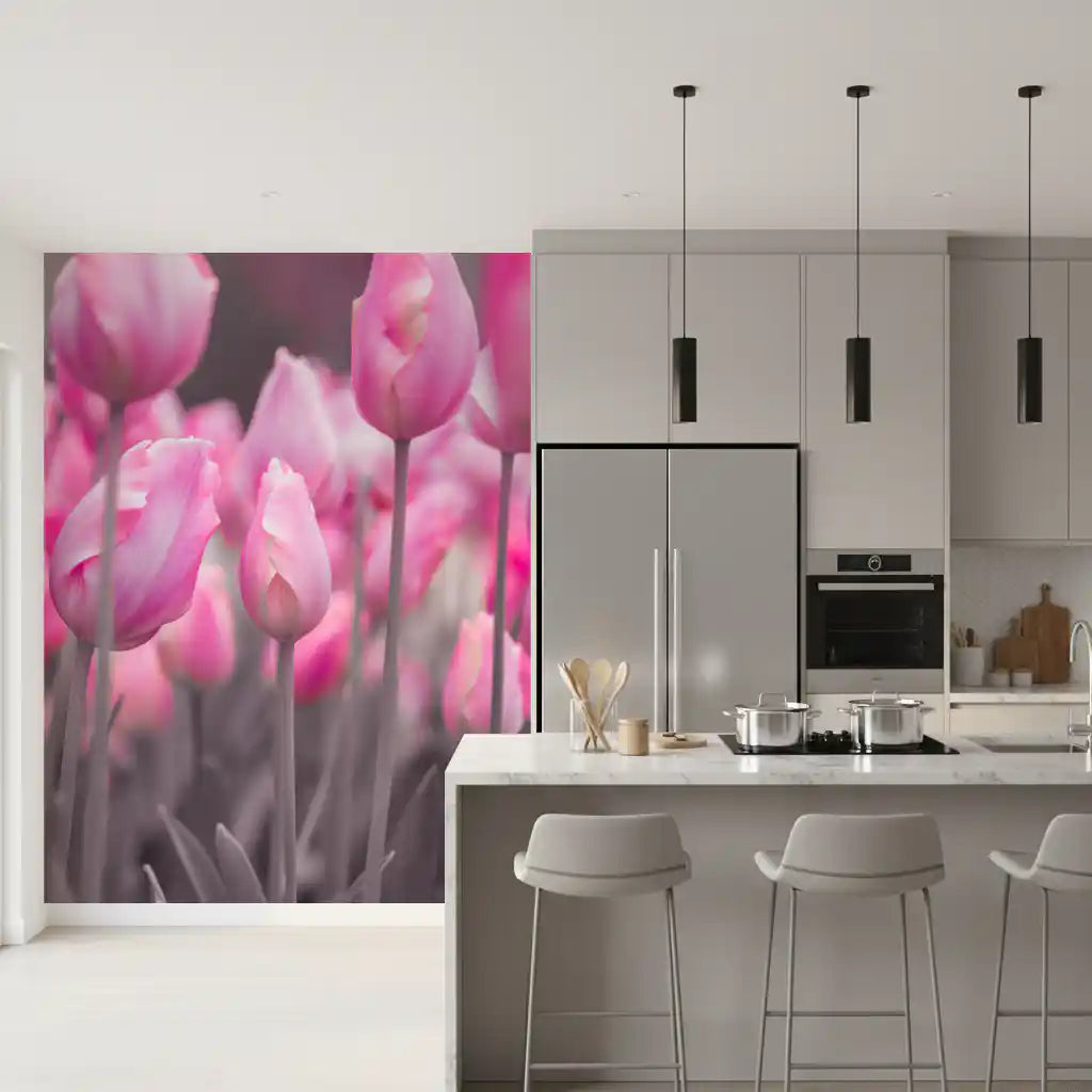 Pink tulip mural on a modern kitchen wall with island seating GD12802