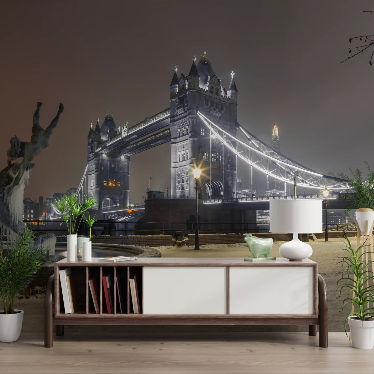 Tower Bridge night mural above a wooden sideboard in a bright room GD12803