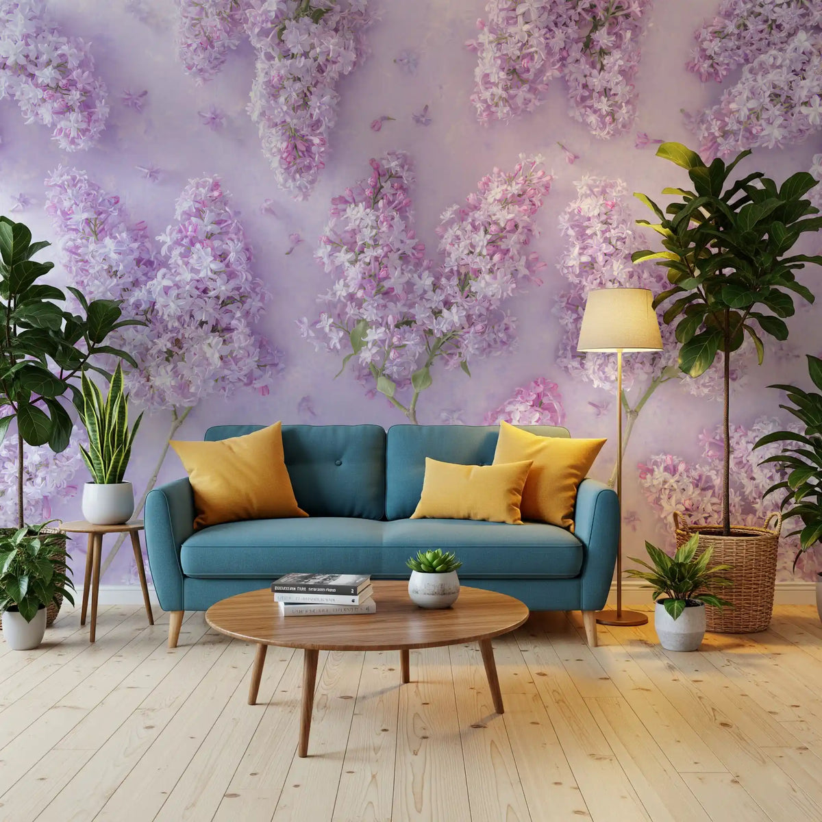 Lilac flower mural in a living room with a teal sofa and yellow cushions GD12804