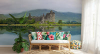 Misty Lochside Fortress Ruins Wall Mural