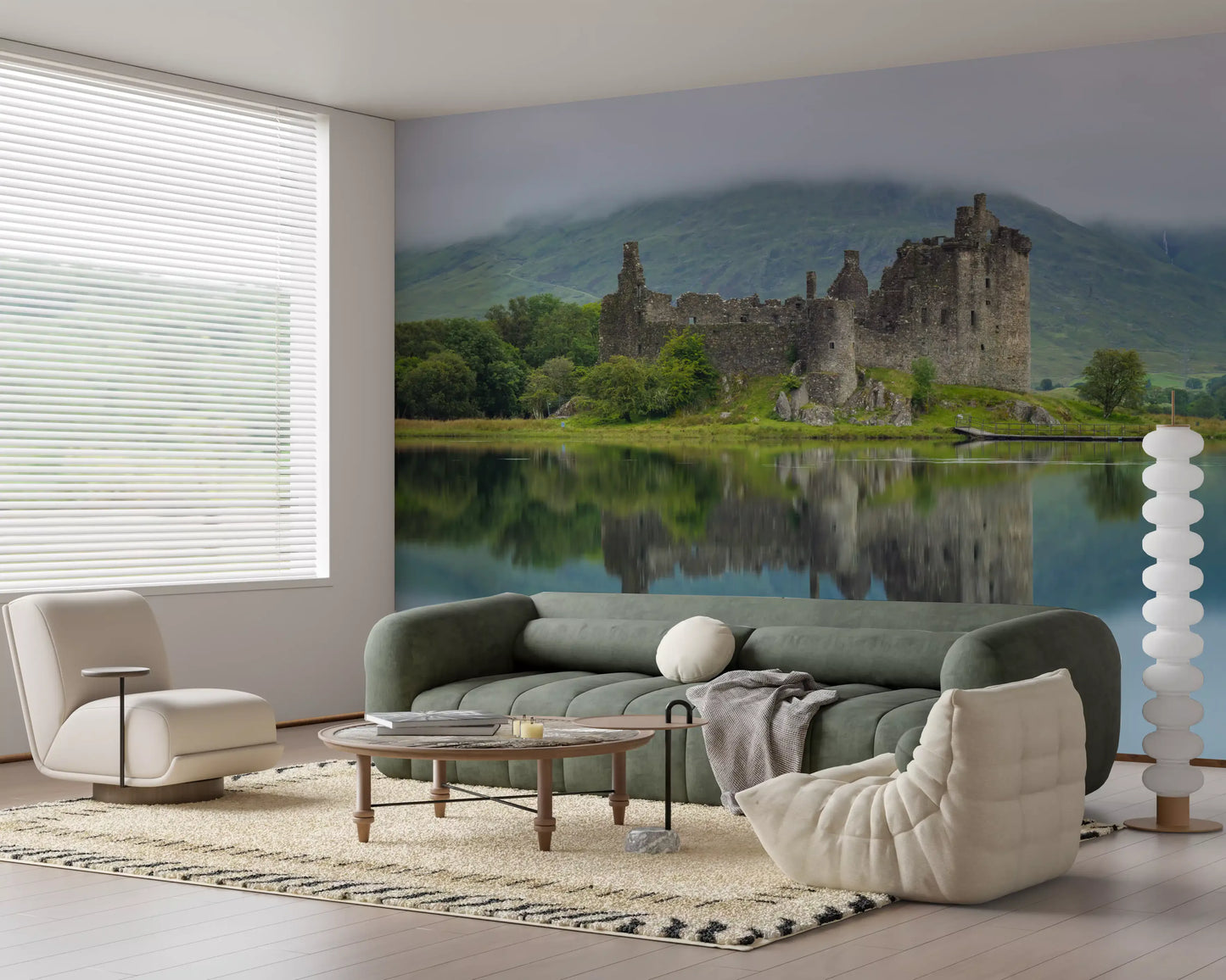 Misty Lochside Fortress Ruins Wall Mural