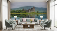 Misty Lochside Fortress Ruins Wall Mural
