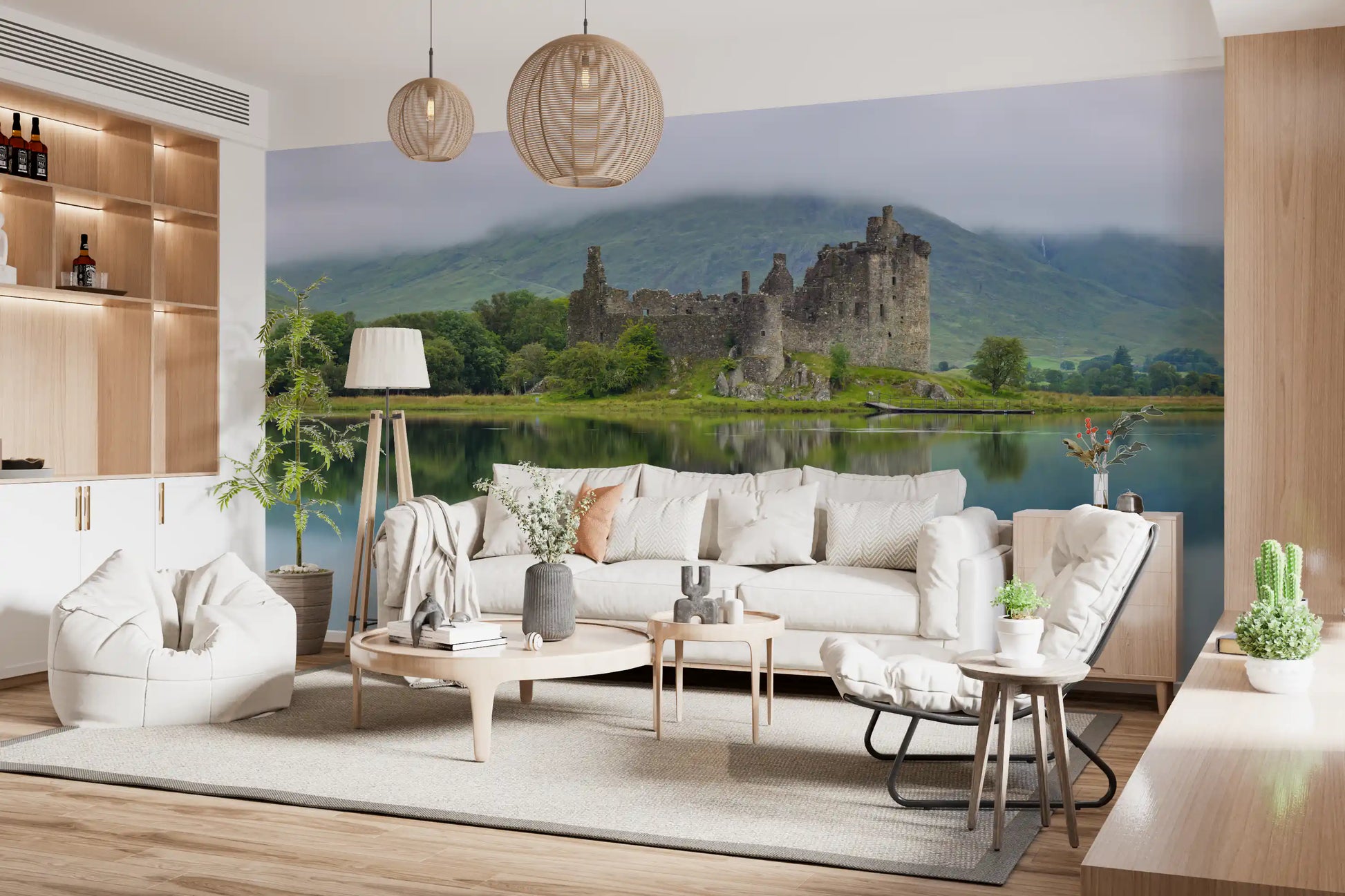 Misty Lochside Fortress Ruins Wall Mural