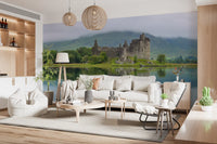 Misty Lochside Fortress Ruins Wall Mural