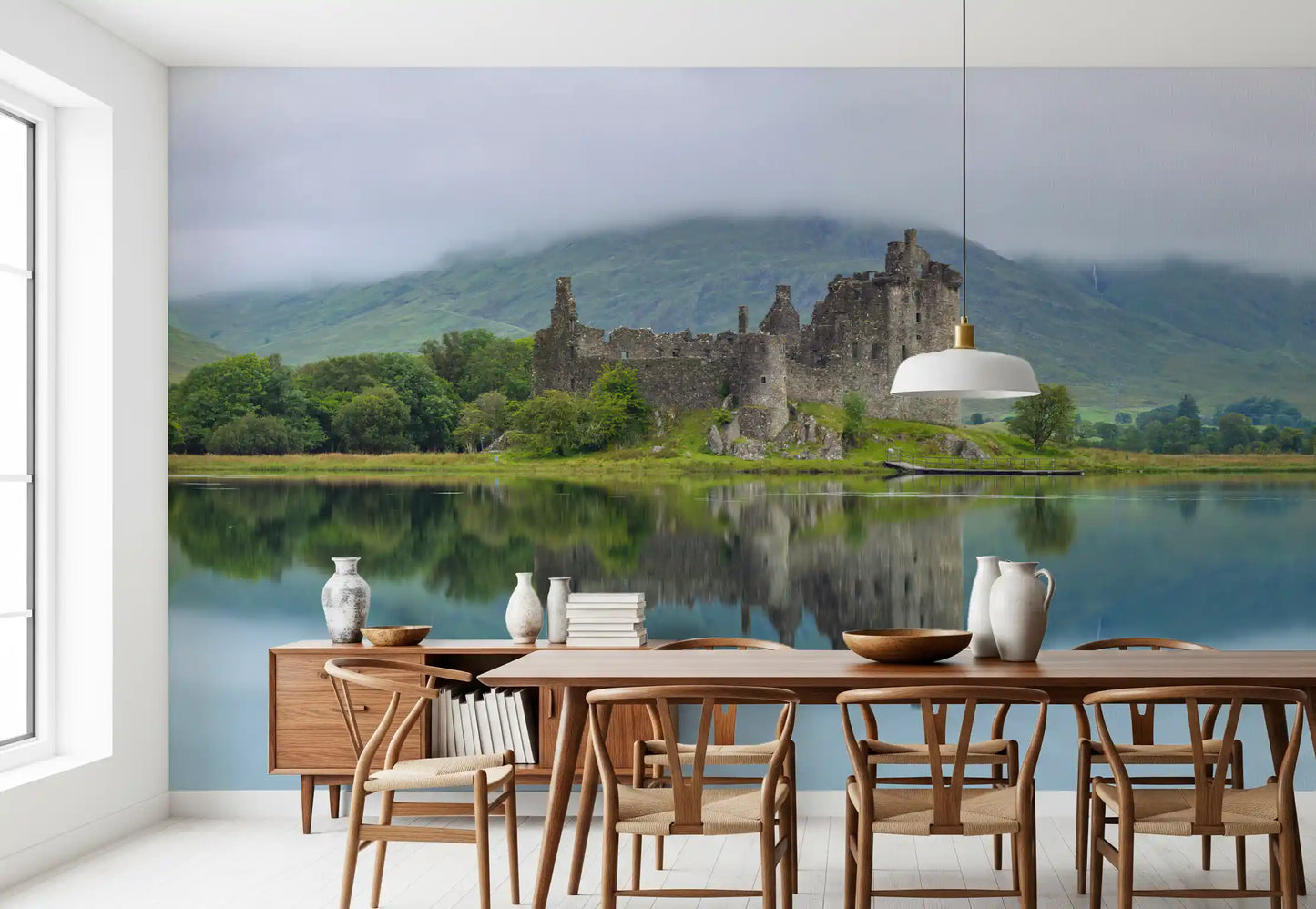 Misty Lochside Fortress Ruins Wall Mural