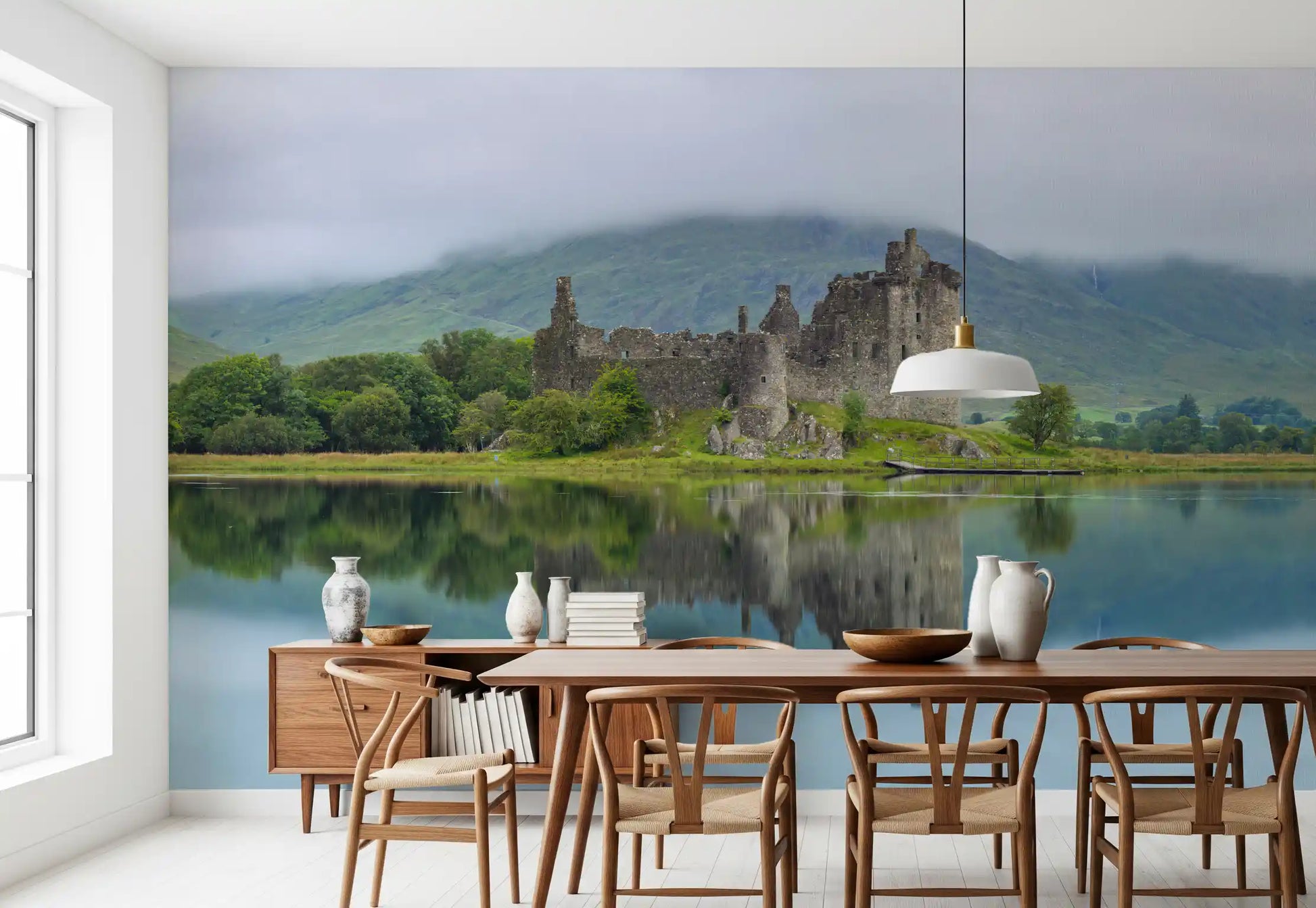 Misty Lochside Fortress Ruins Wall Mural