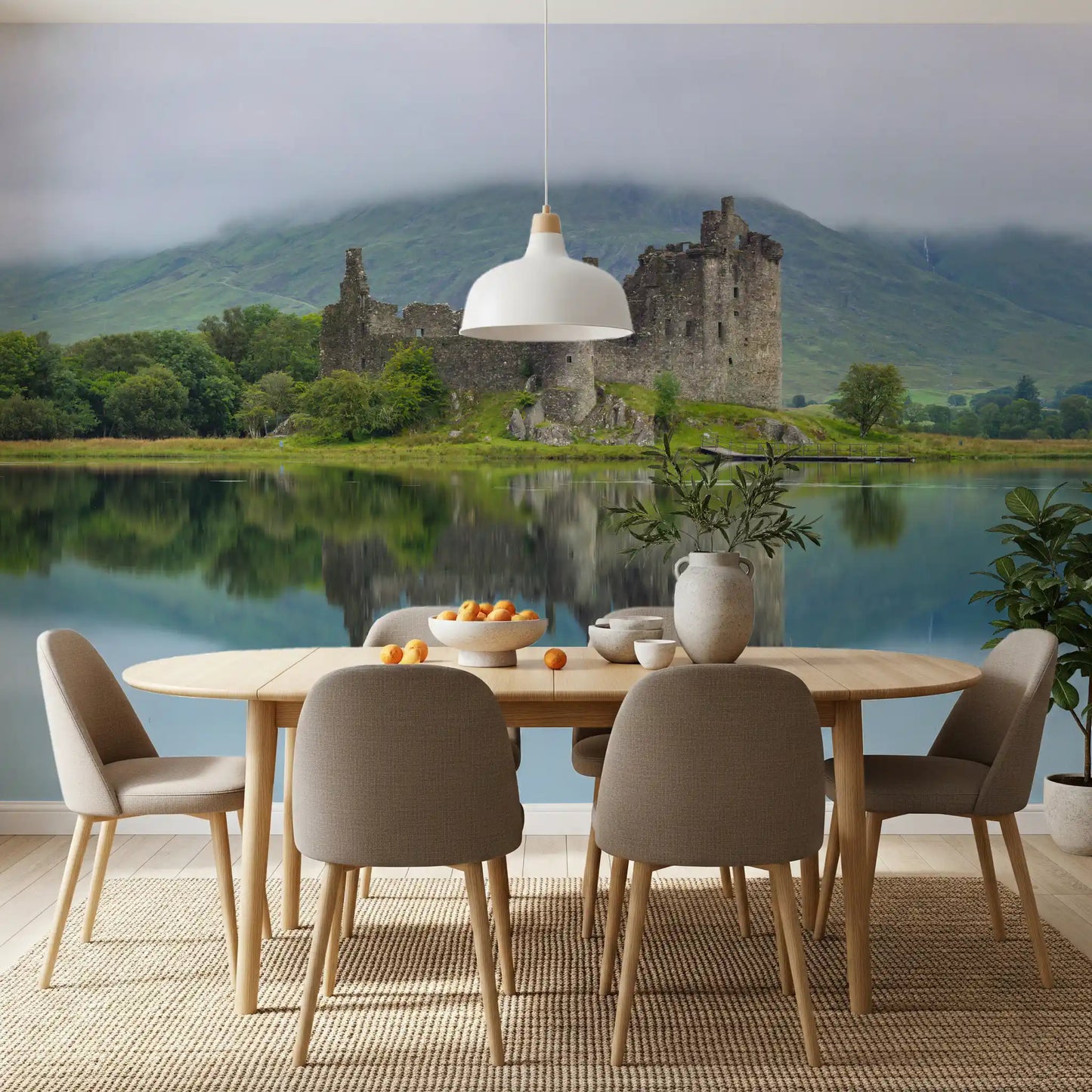 Misty Lochside Fortress Ruins Wall Mural