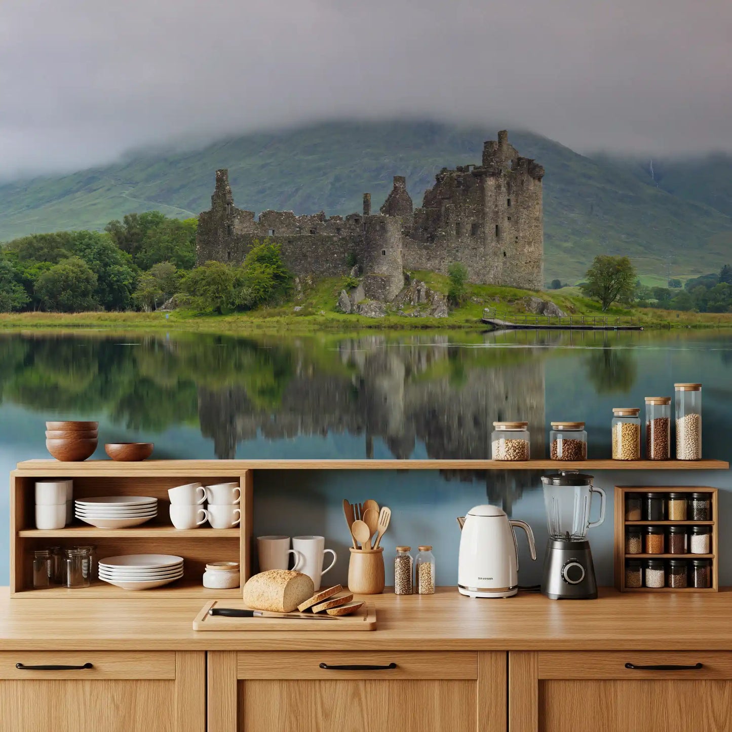 Misty Lochside Fortress Ruins Wall Mural