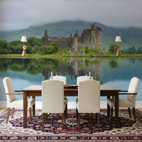 Misty Lochside Fortress Ruins Wall Mural