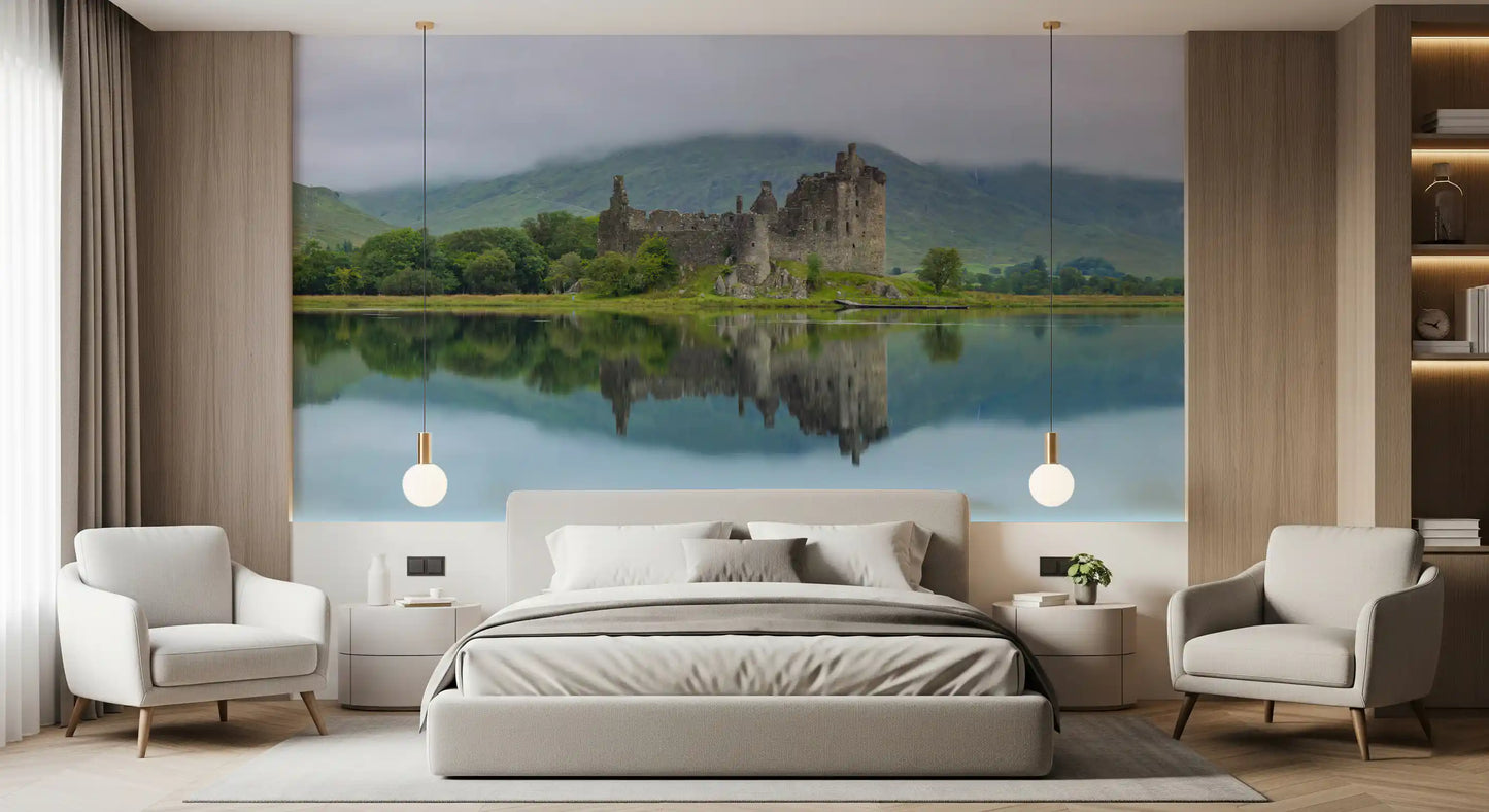 Misty Lochside Fortress Ruins Wall Mural