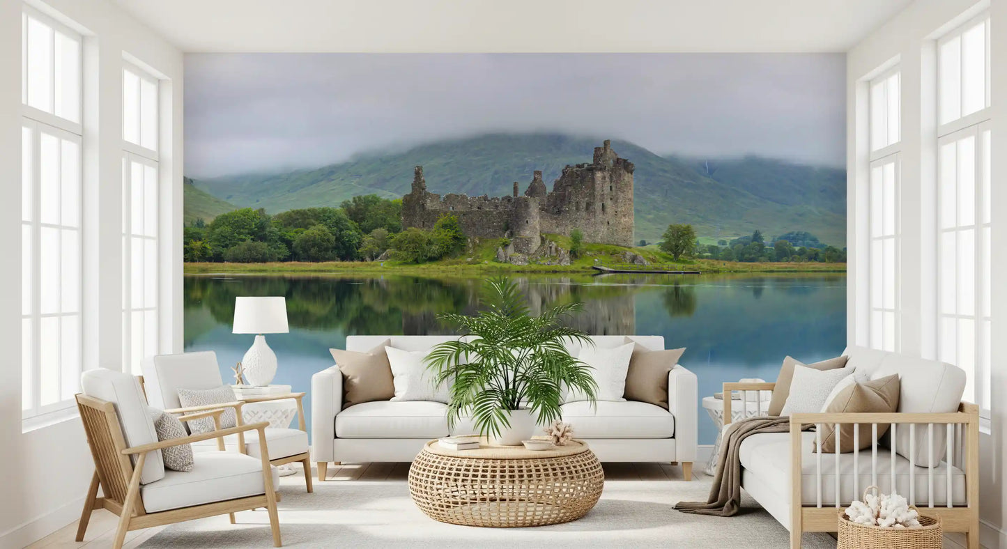 Misty Lochside Fortress Ruins Wall Mural