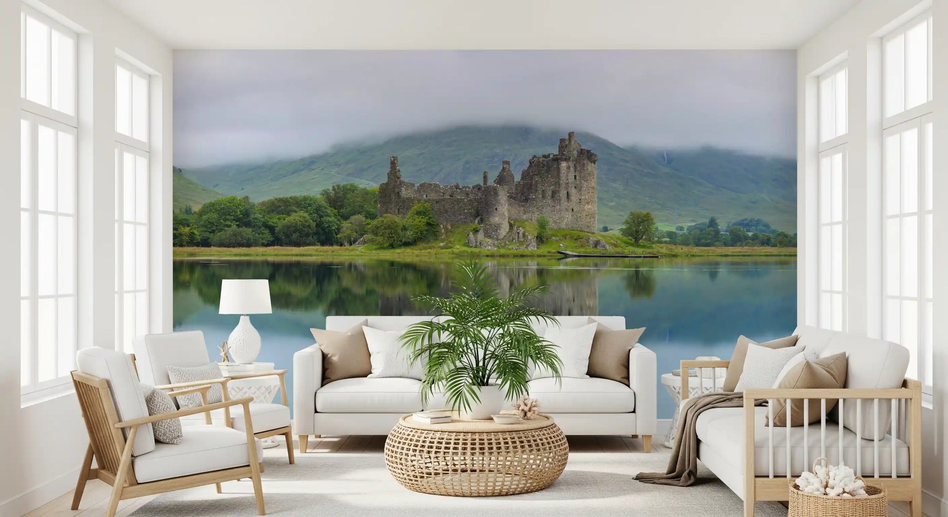 Misty Lochside Fortress Ruins Wall Mural