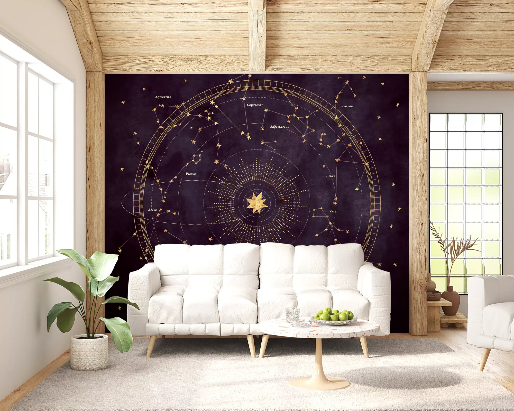 Purple and gold zodiac star map mural behind a white sofa in a living room GD12813