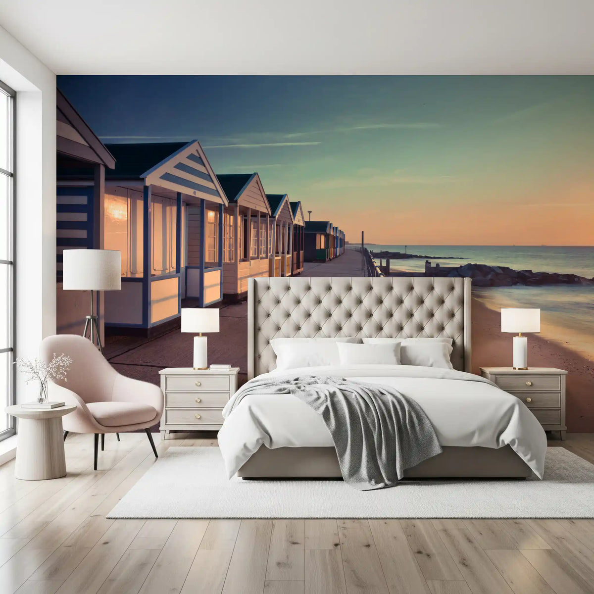 Sunrise promenade beach hut mural in a bedroom above a tufted headboard GD12815