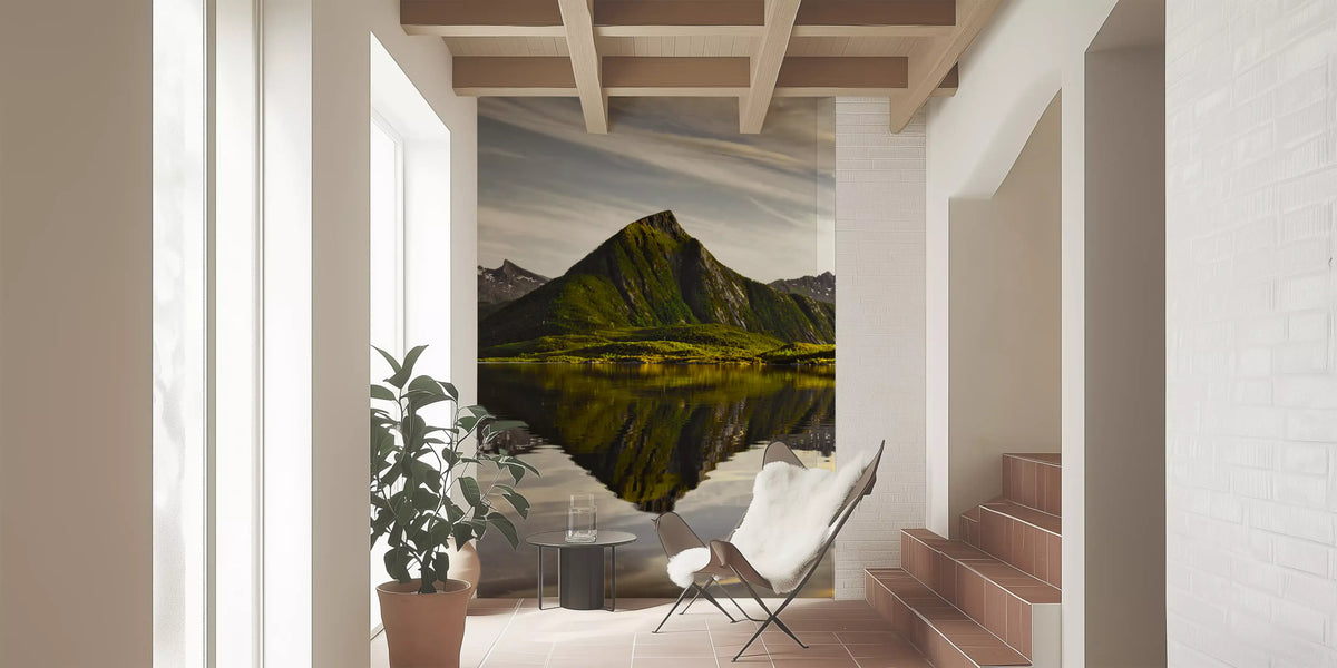 Glacial lake and mountain wall mural in a bright modern hallway GD12819