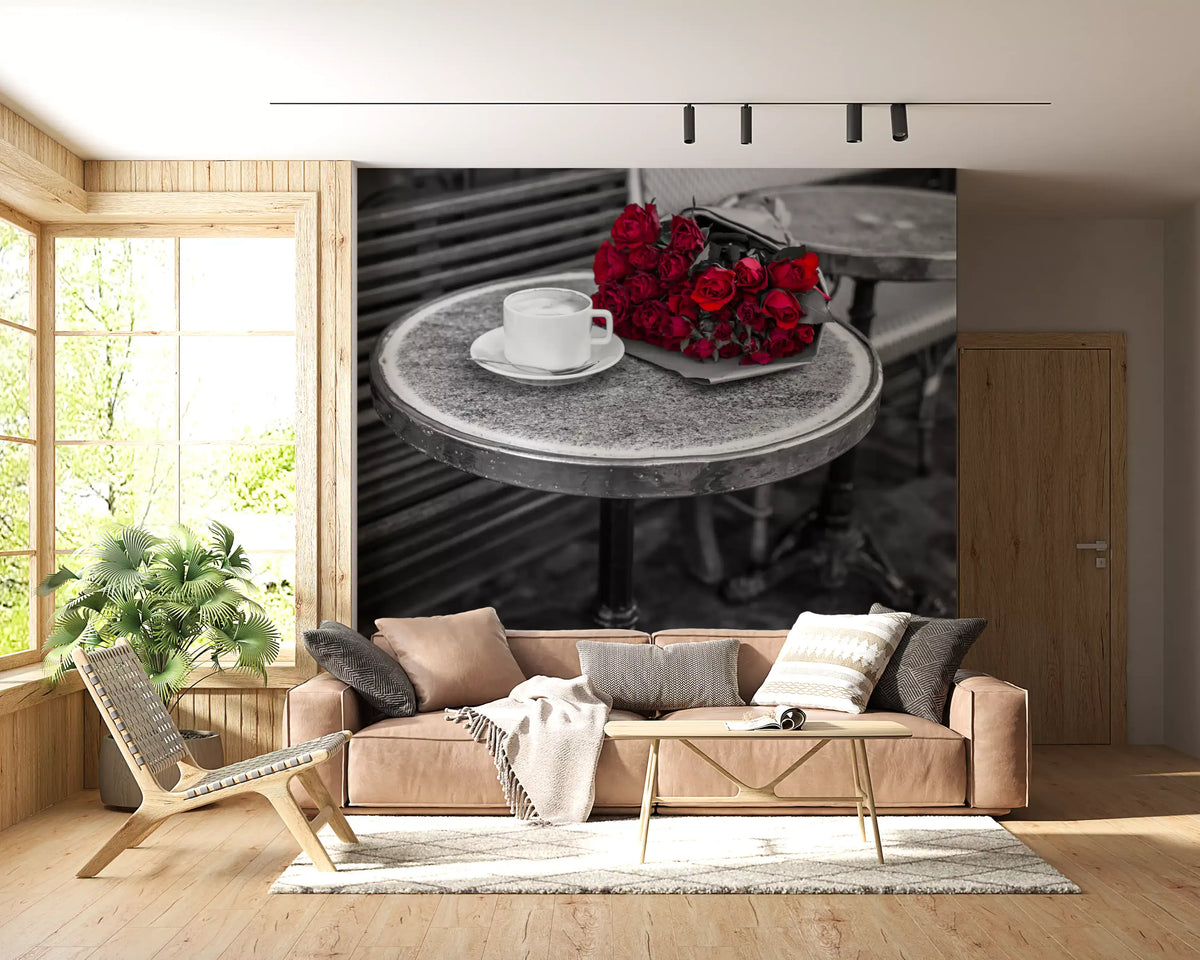 Paris bistro roses wall mural behind a tan sofa in a bright living room GD12821