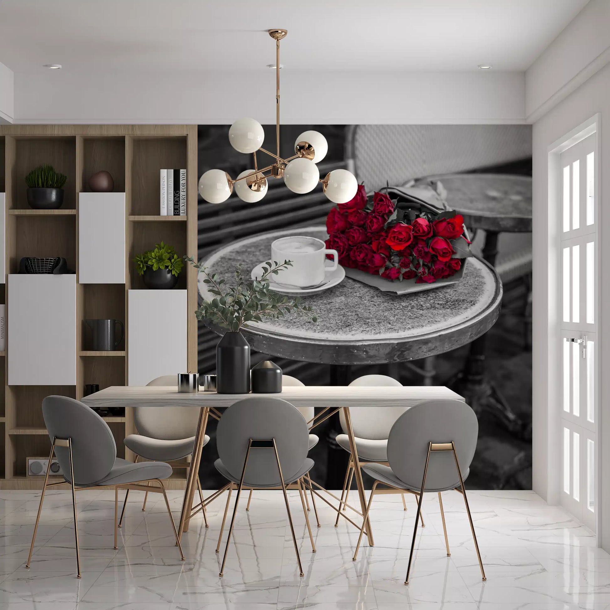 Crimson Blooms at a Bistro Table Wall Mural