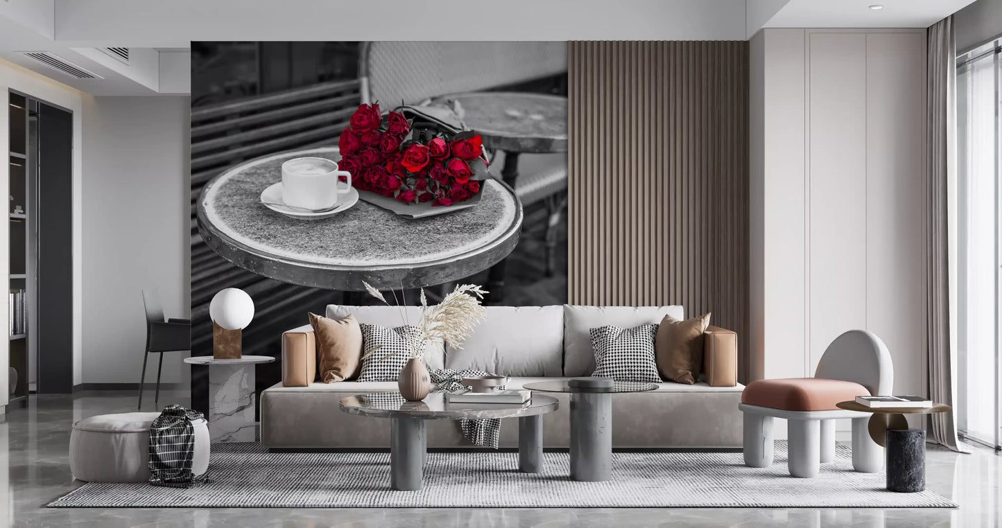 Crimson Blooms at a Bistro Table Wall Mural