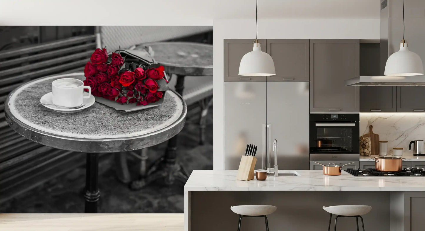 Crimson Blooms at a Bistro Table Wall Mural