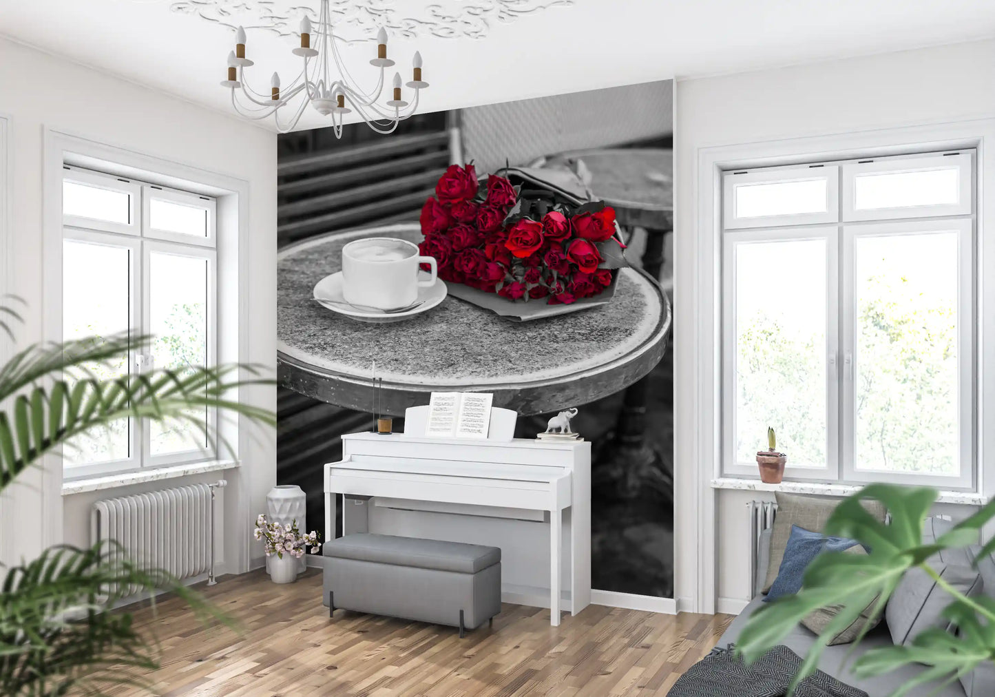 Crimson Blooms at a Bistro Table Wall Mural