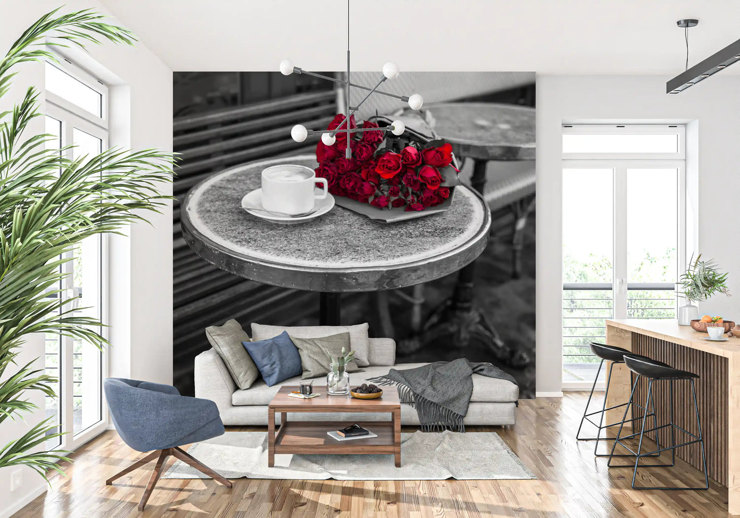 Crimson Blooms at a Bistro Table Wall Mural