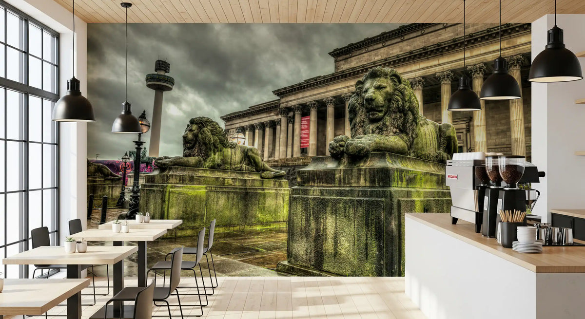 Liverpool cityscape stone lions wall mural in a modern cafe with pendant lights GD12822