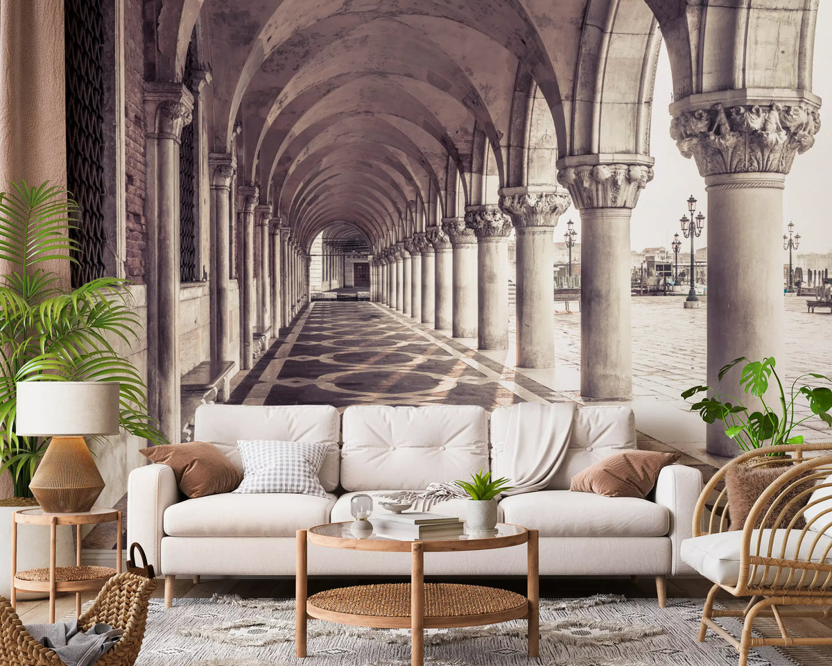Venice colonnade archway mural behind a cream sofa in a living room GD12824