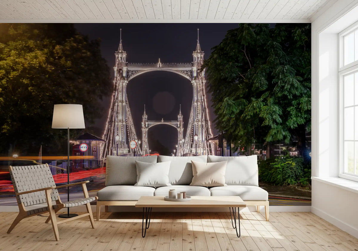 London night bridge mural behind a cream sofa in a living room GD12827