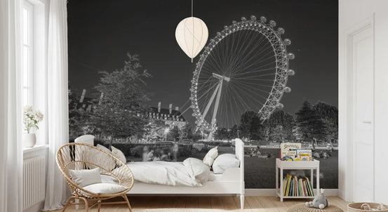 London Eye black and white wall mural in a bright white bedroom GD12828