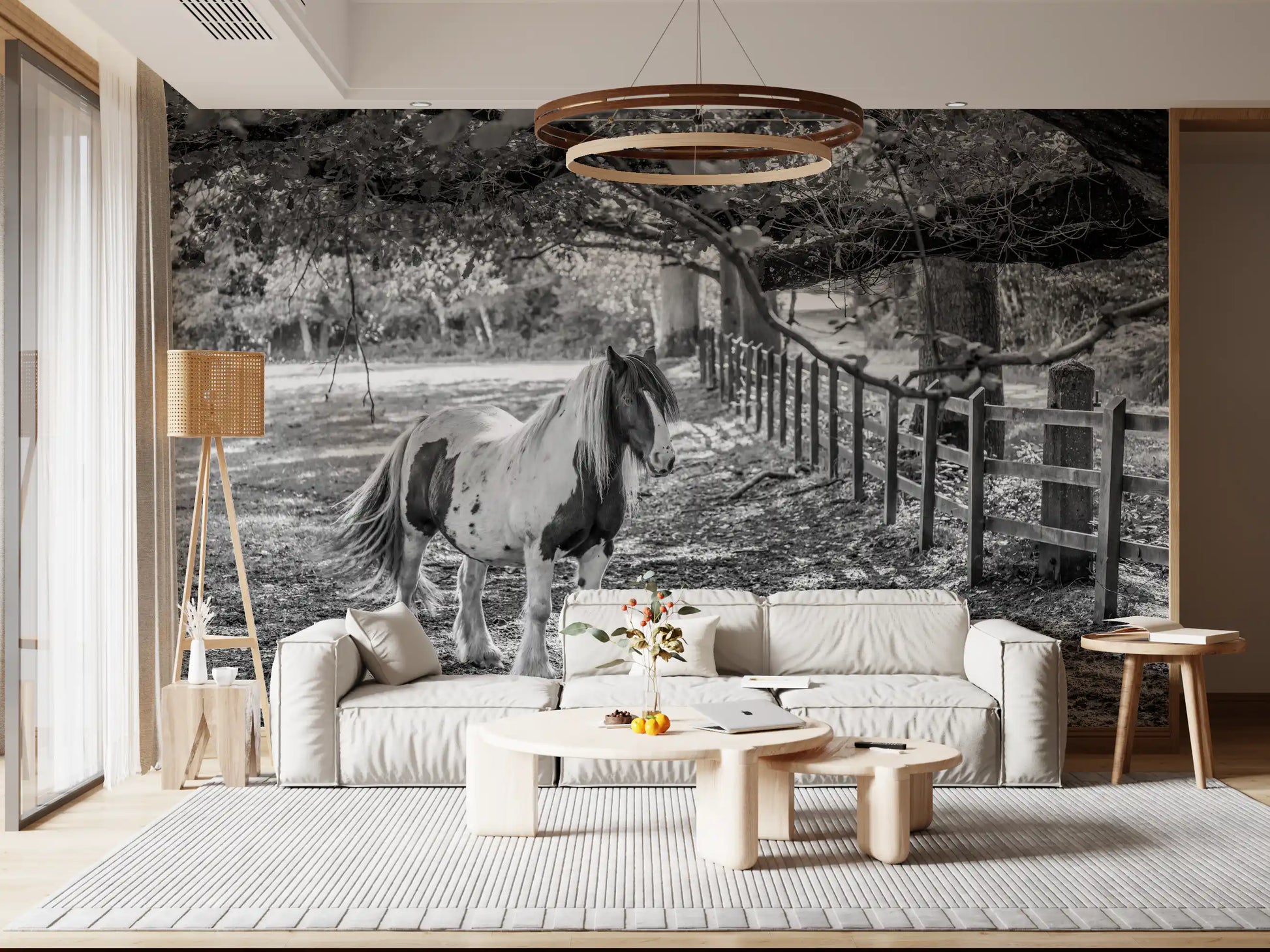 Pastoral Equine Monochrome Landscape Wall Mural