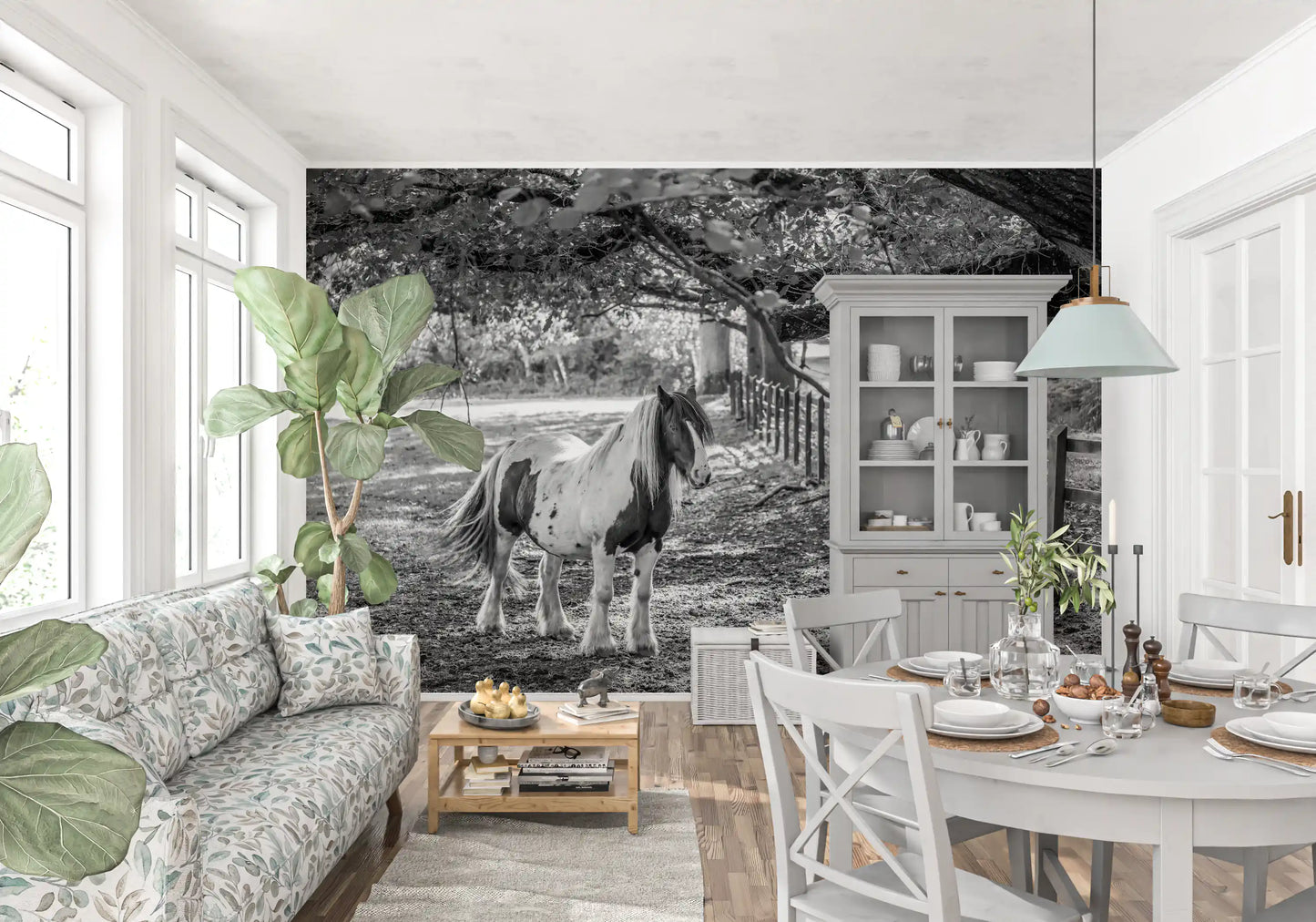 Pastoral Equine Monochrome Landscape Wall Mural