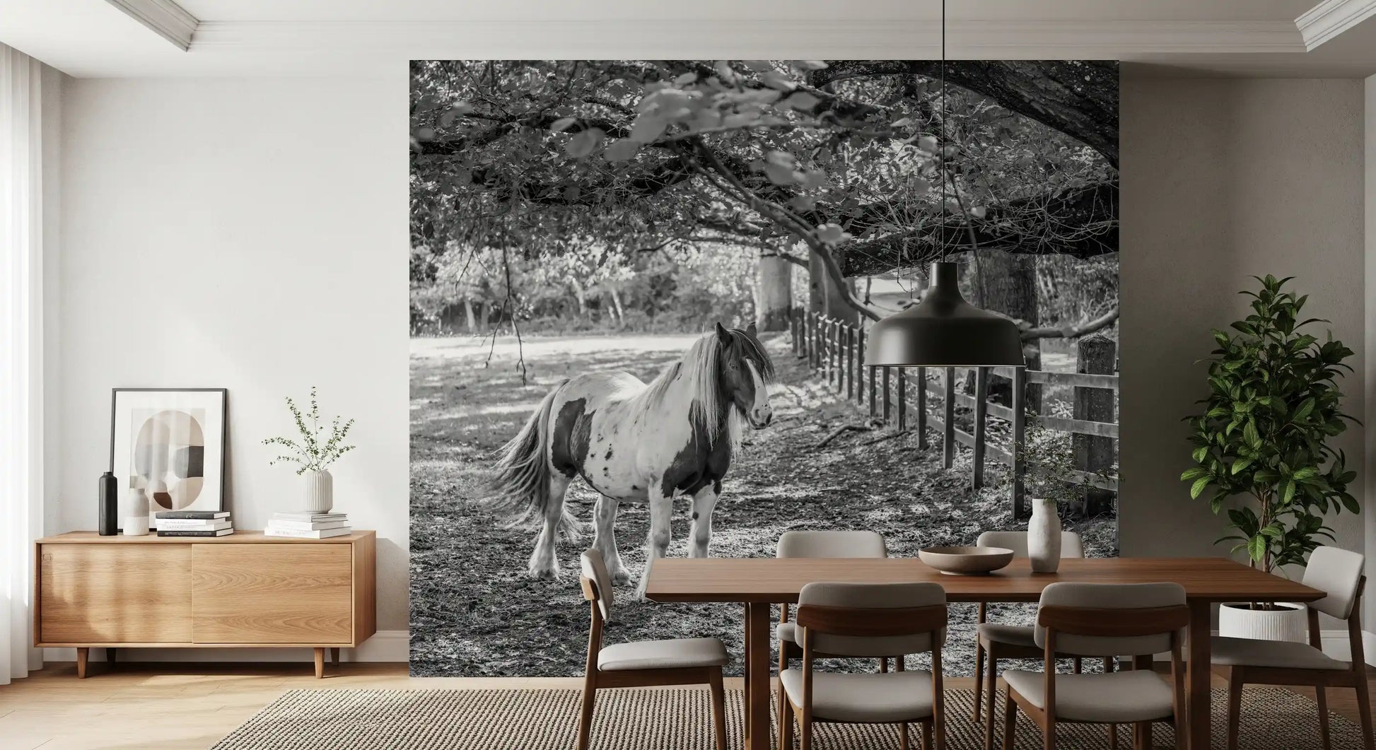 Pastoral Equine Monochrome Landscape Wall Mural