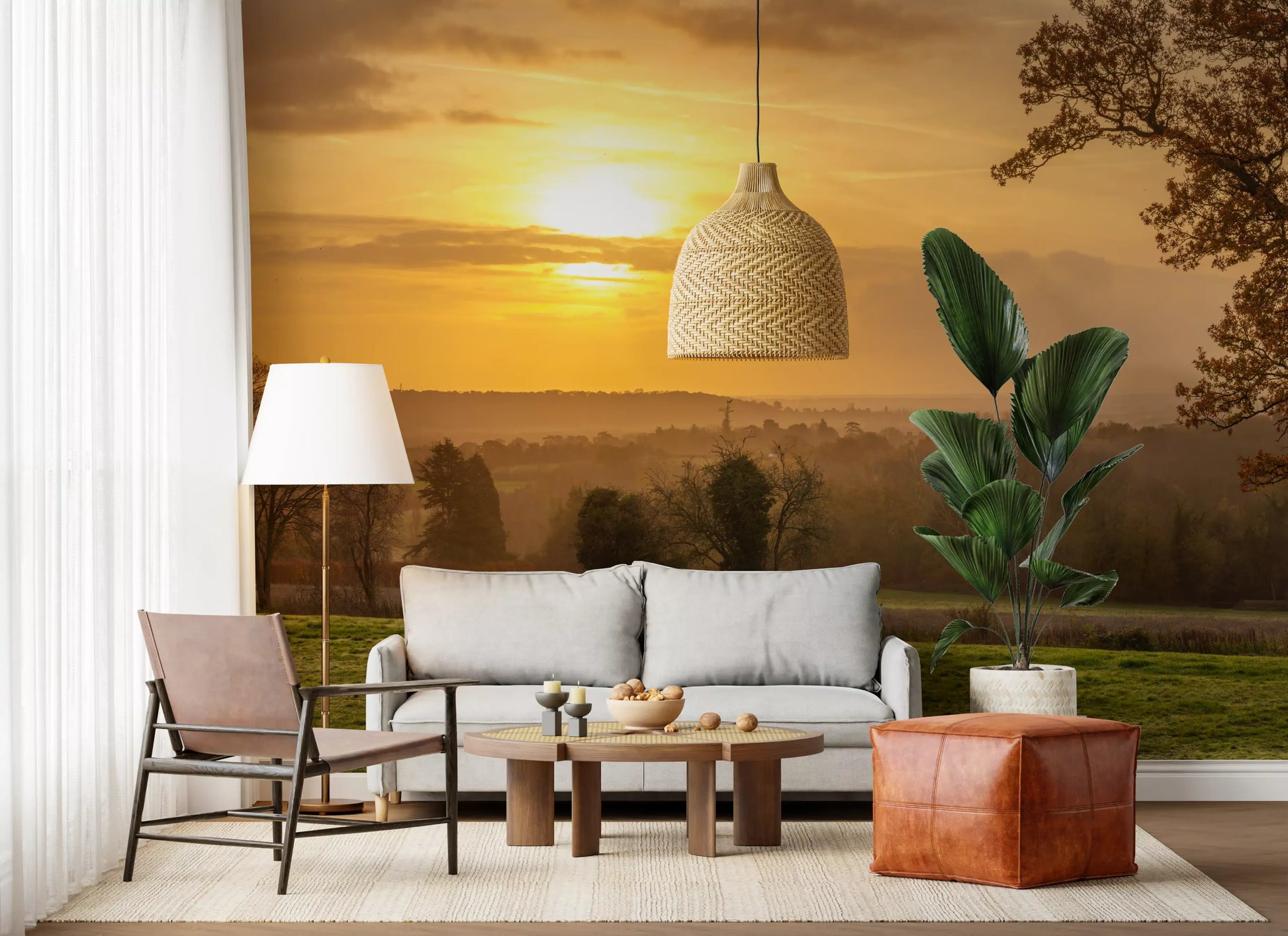 Rustic Sunset Tree Silhouettes Wall Mural