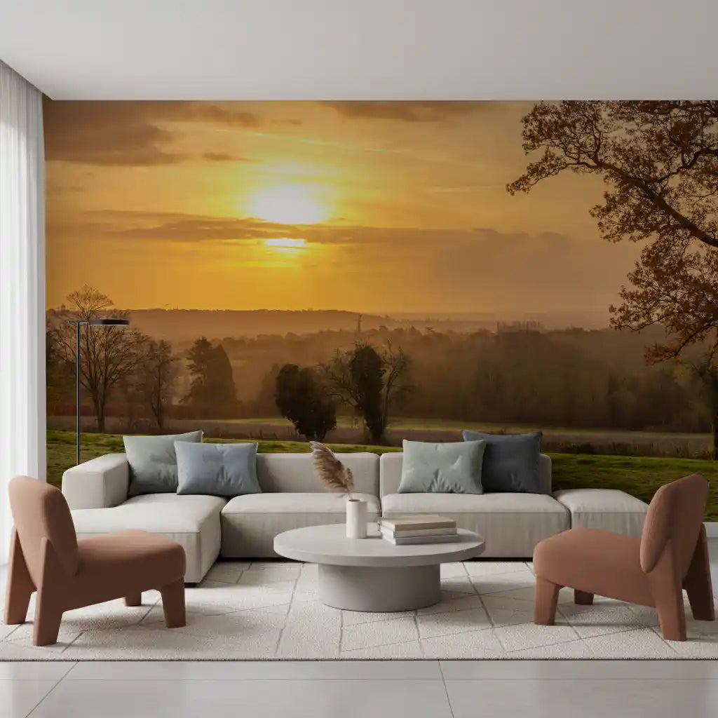 Rustic Sunset Tree Silhouettes Wall Mural