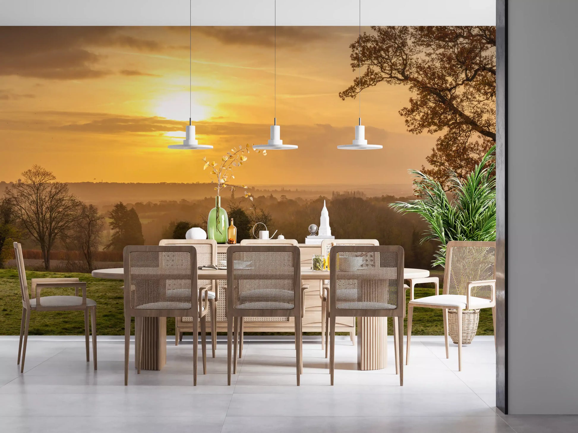 Rustic Sunset Tree Silhouettes Wall Mural