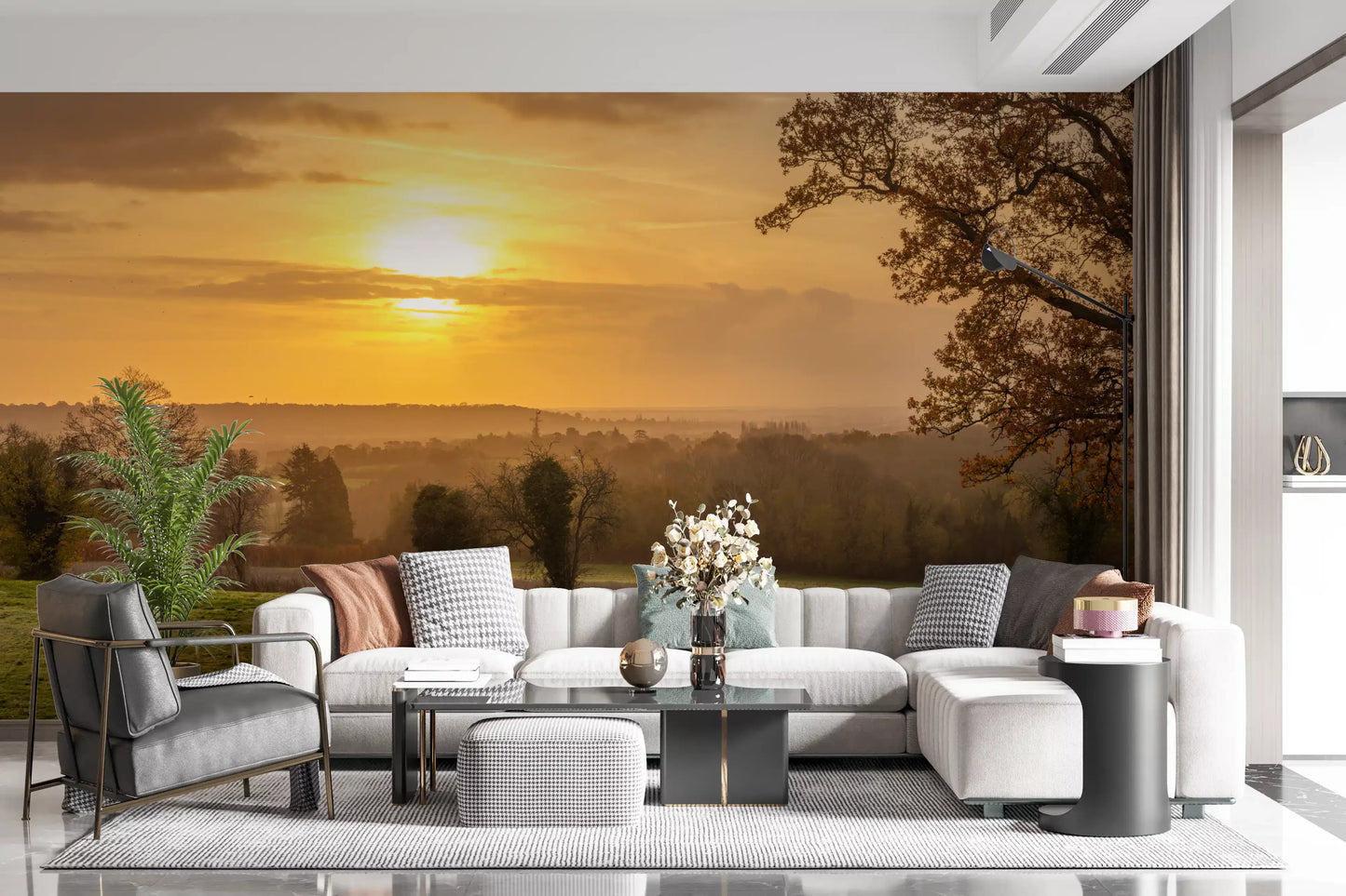 Rustic Sunset Tree Silhouettes Wall Mural