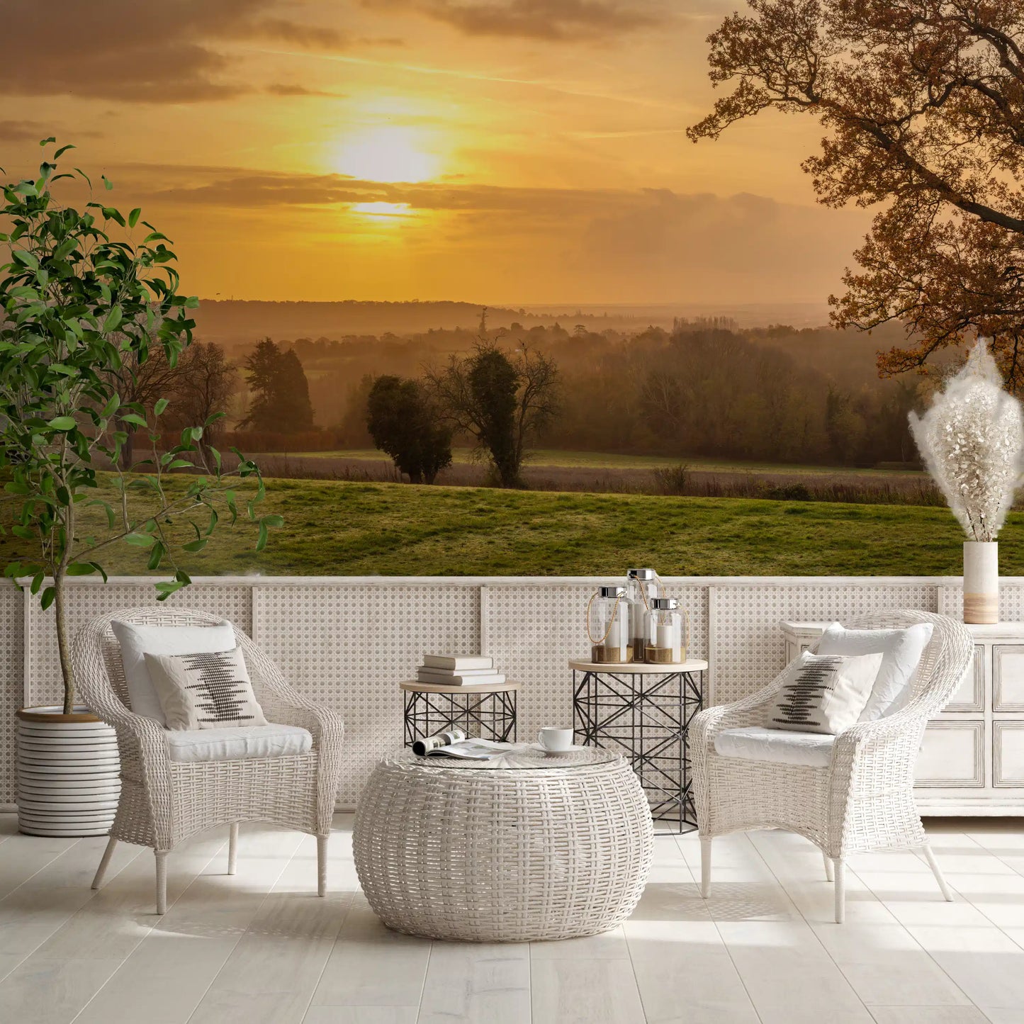 Rustic Sunset Tree Silhouettes Wall Mural