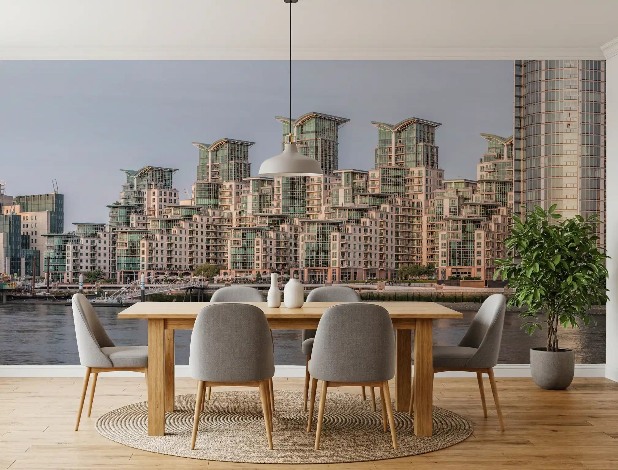 Waterfront skyline mural in a modern dining room with a wooden table GD12843
