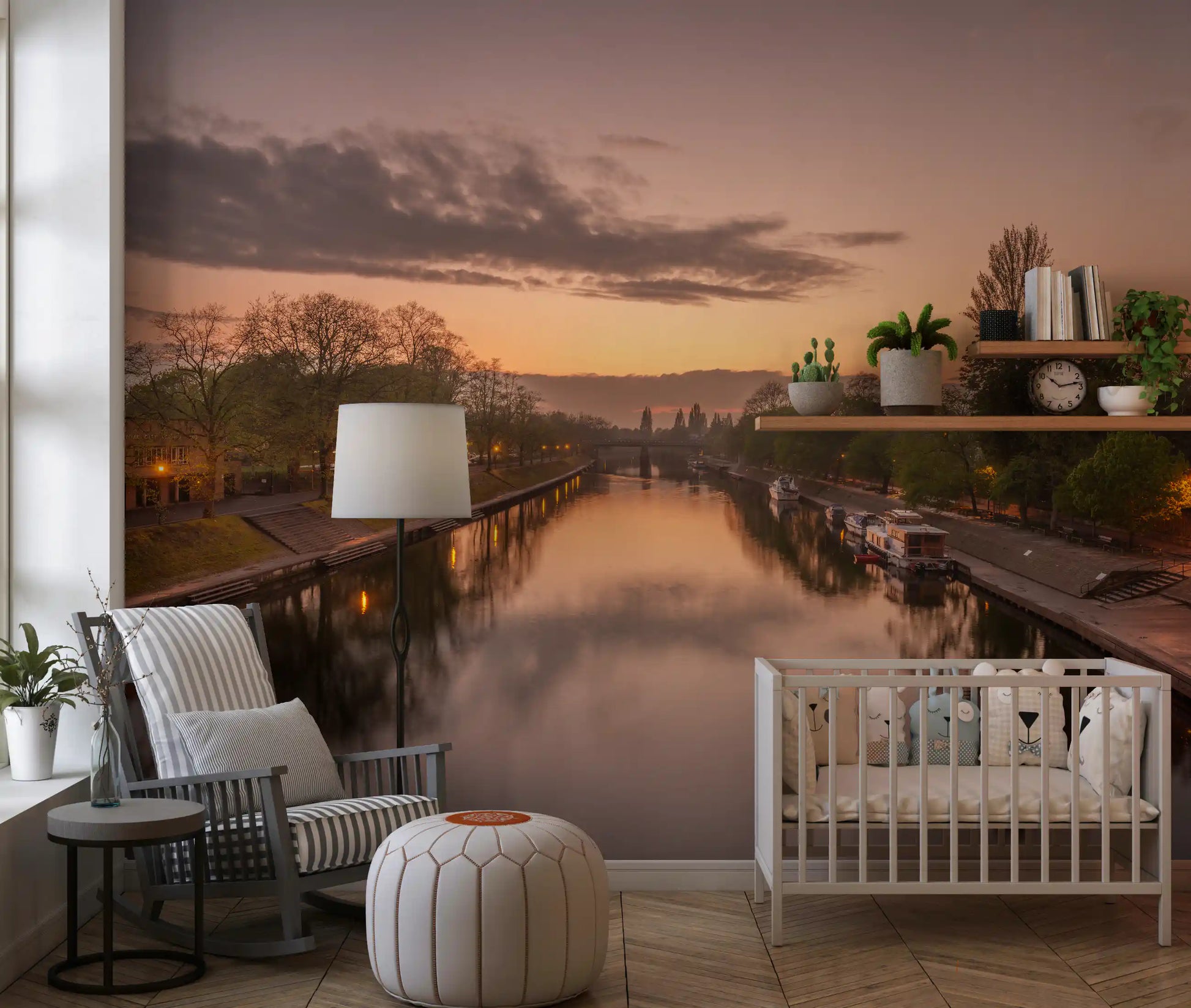 Reflective Sunset Canal Waters Wall Mural