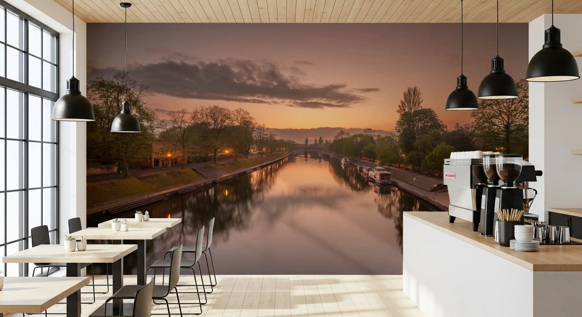 Sunset canal mural in a modern kitchen and dining area GD12847