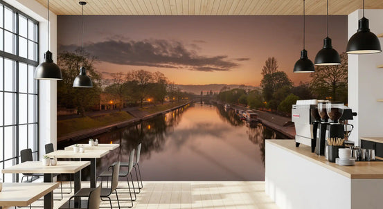 Reflective Sunset Canal Waters Wall Mural