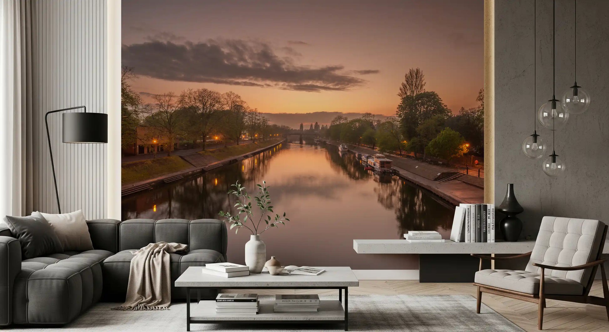 Reflective Sunset Canal Waters Wall Mural