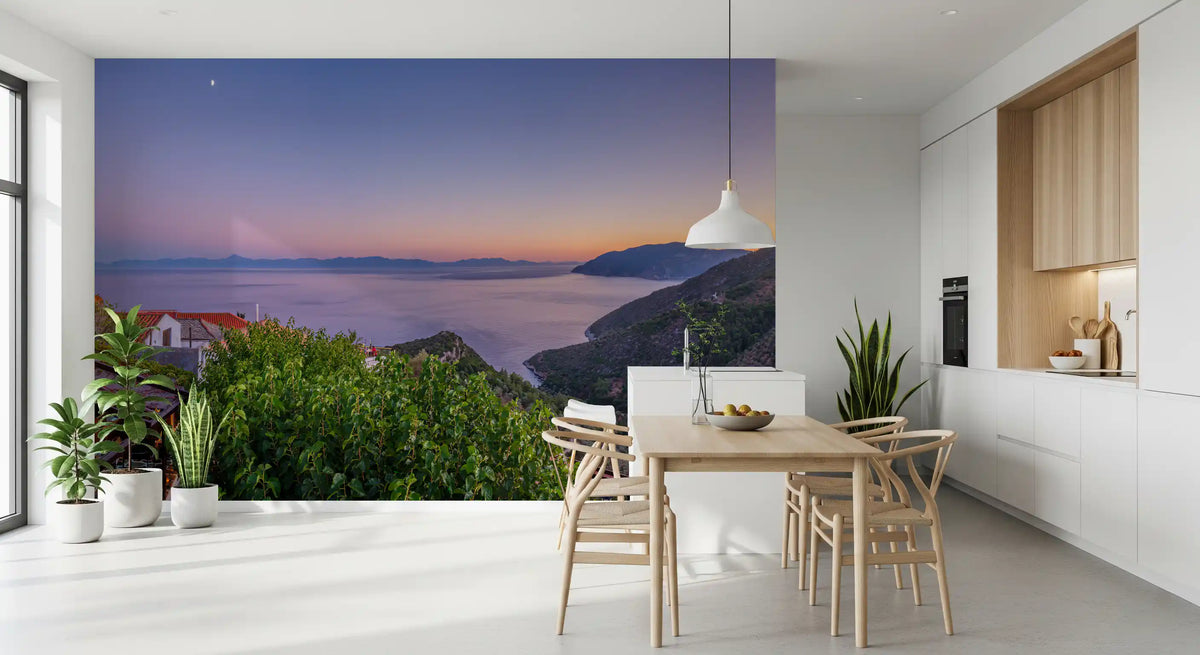 Coastal twilight mural in a bright modern kitchen and dining area GD12848