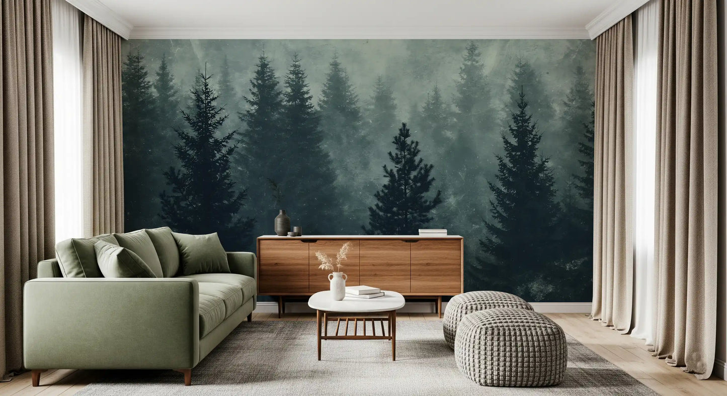 Misty Pine Forest Silhouette Wall Mural
