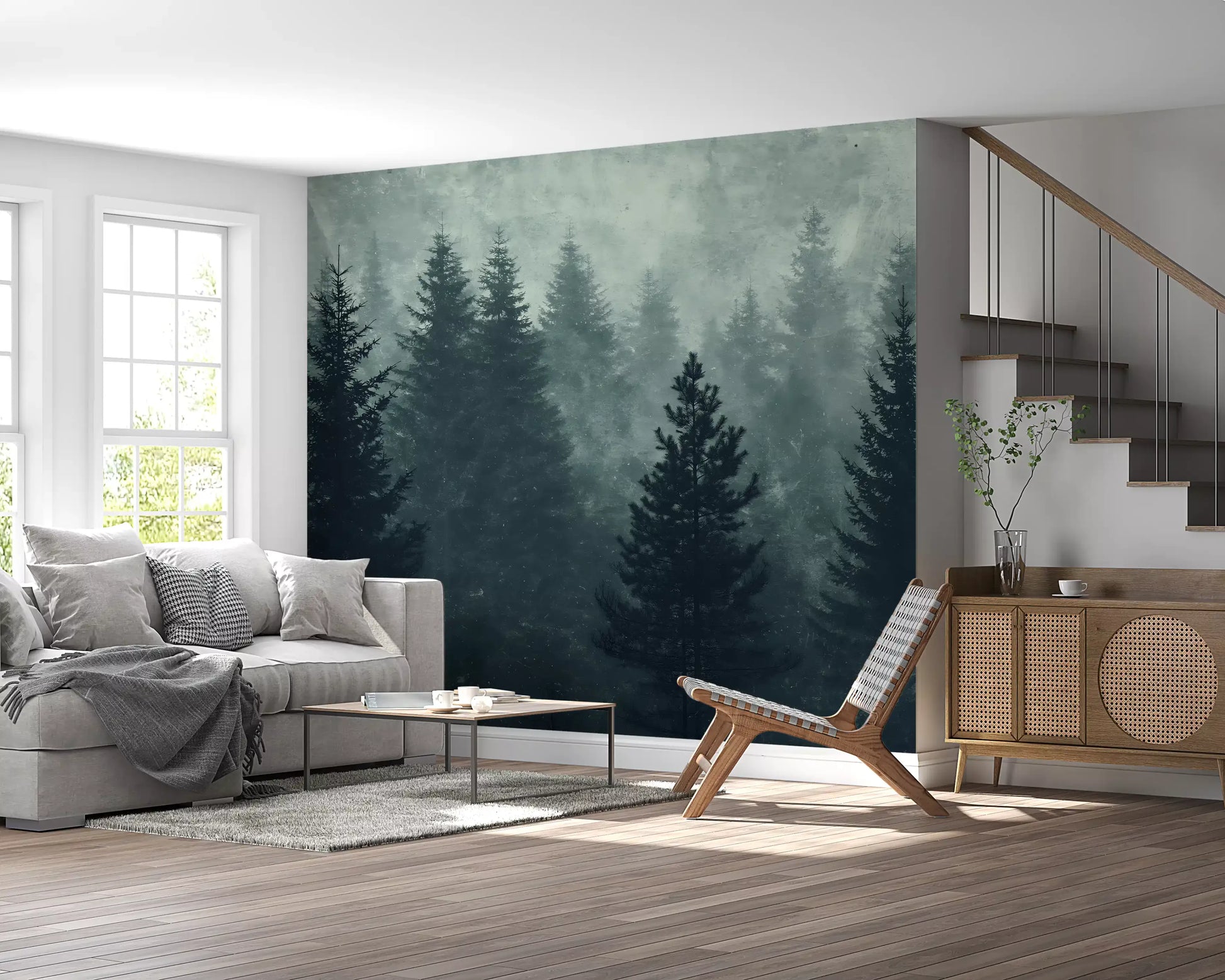 Misty Pine Forest Silhouette Wall Mural