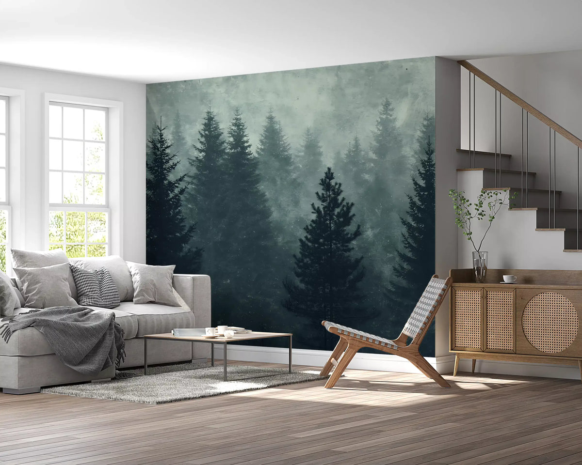 Misty forest mural behind a grey sofa in a bright living room GD12850